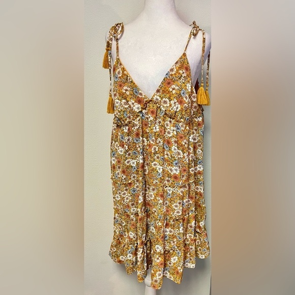 Mustard Yellow Floral Boho Minimalist Spring Summer Fully Lined Dress 
Size XL - Picture 5 of 7